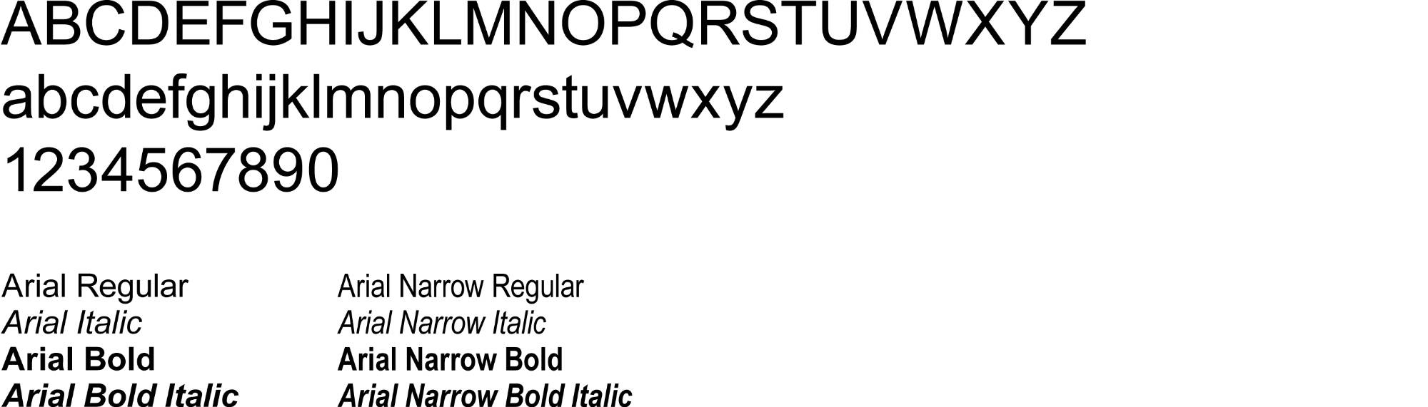 The English alphabet in the Arial font, as well as its various font weights and widths